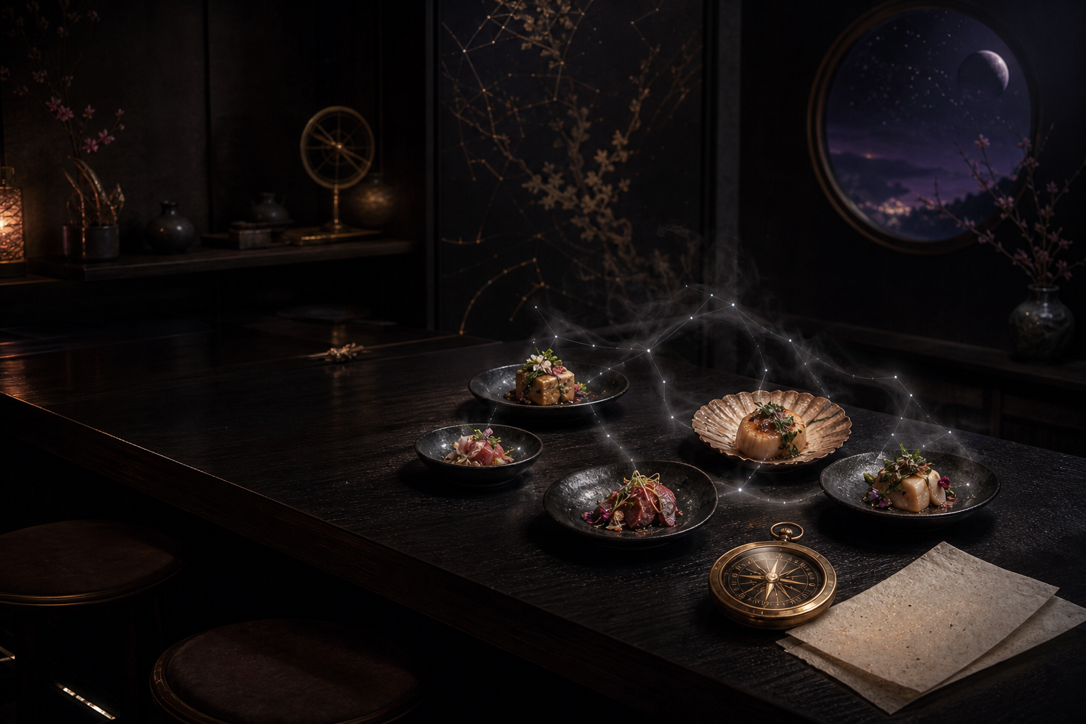 Five dishes connected by constellation-like steam on a dark midnight chef's counter